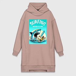Женское худи-платье Surfing never alone - shark and surfer, цвет: пыльно-розовый