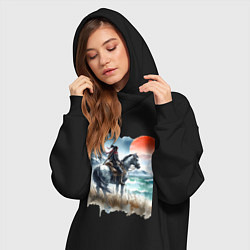 Женское худи-платье Японский самурай на коне - нейросеть, цвет: черный — фото 2
