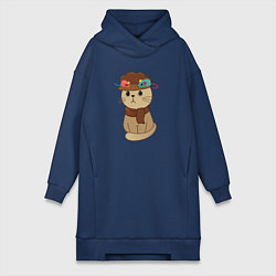 Женское худи-платье Милый котик в кепке и с шарфиком - художник, цвет: тёмно-синий