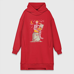 Женское худи-платье Скелет ест пиццу, цвет: красный