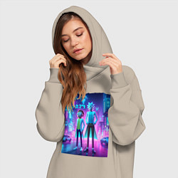Женское худи-платье Рик и Морти в неоновом городе - нейроарт, цвет: миндальный — фото 2