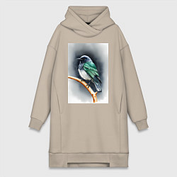 Женское худи-платье Птичка на ветке, цвет: миндальный