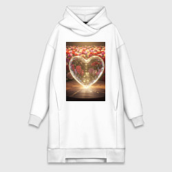 Женское худи-платье Кристальное сердце на фоне роз, цвет: белый