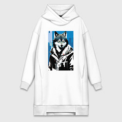 Женское худи-платье Волк в мегаполисе - нейроарт, цвет: белый