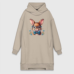 Женское худи-платье Кролик мальчик в очках, цвет: миндальный
