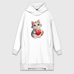 Женское худи-платье Серый кот держит сердце в лапах, цвет: белый