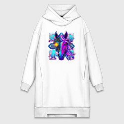 Женское худи-платье Киберпанк лошадь с неоновыми иероглифами, цвет: белый