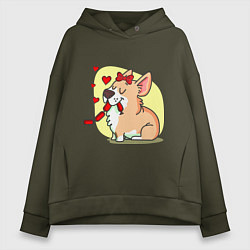 Толстовка оверсайз женская Влюбленная собачка, цвет: хаки