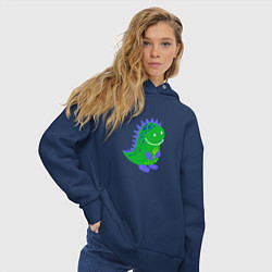 Толстовка оверсайз женская Зеленый дракончик-динозаврик, цвет: тёмно-синий — фото 2