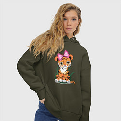 Толстовка оверсайз женская Тигр девочка, цвет: хаки — фото 2