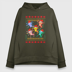 Толстовка оверсайз женская Аксолотль рождественский свитер, цвет: хаки