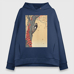 Толстовка оверсайз женская Great Spotted Woodpecker in Tree with Red Ivy, цвет: тёмно-синий