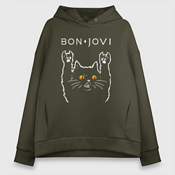Толстовка оверсайз женская Bon Jovi rock cat, цвет: хаки