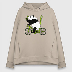 Толстовка оверсайз женская Панда на велосипеде с бамбуком, цвет: миндальный