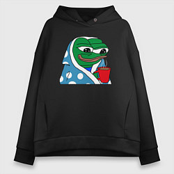 Толстовка оверсайз женская Frog Pepe мем, цвет: черный