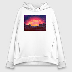 Толстовка оверсайз женская 3D неоновые горы на закате, цвет: белый