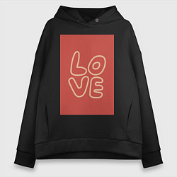 Толстовка оверсайз женская Слово Love на красном прямоугольном фоне, цвет: черный