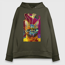 Толстовка оверсайз женская Модерновый кот - нейросеть - art, цвет: хаки
