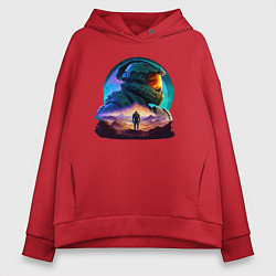 Толстовка оверсайз женская Киборг и космический пейзаж, цвет: красный