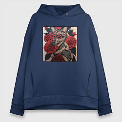 Толстовка оверсайз женская Irezumi - лиса в розах, цвет: тёмно-синий