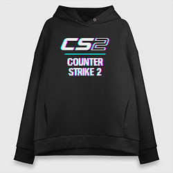 Толстовка оверсайз женская Counter Strike 2 в стиле glitch и баги графики, цвет: черный