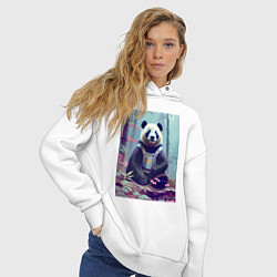 Толстовка оверсайз женская Панда в кибер-жилете - нейросеть, цвет: белый — фото 2
