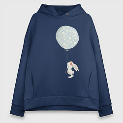 Толстовка оверсайз женская Милый кролик с шариком в цветочек, цвет: тёмно-синий