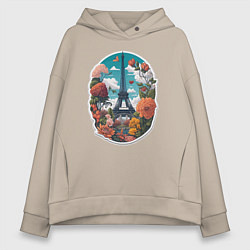 Толстовка оверсайз женская Эйфелева башня в цветах, цвет: миндальный
