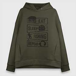 Толстовка оверсайз женская Eat sleep fishing repeat, цвет: хаки