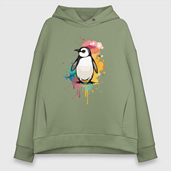 Толстовка оверсайз женская Красочный пингвин, цвет: авокадо