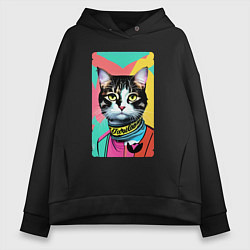 Толстовка оверсайз женская Pop art cat - neural network, цвет: черный