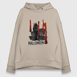 Толстовка оверсайз женская Хэллоуин тусовка на кладбище, цвет: миндальный