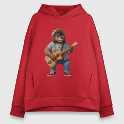 Толстовка оверсайз женская Брутальный медведь с гитарой, цвет: красный