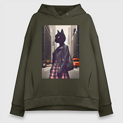 Толстовка оверсайз женская Cat fashionista - New York - ai art, цвет: хаки