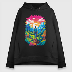 Толстовка оверсайз женская Путешественник в горах, цвет: черный