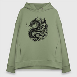 Толстовка оверсайз женская Японский дракон - ирезуми, цвет: авокадо