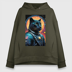 Толстовка оверсайз женская Пантера бравый космонавт - нейросеть, цвет: хаки
