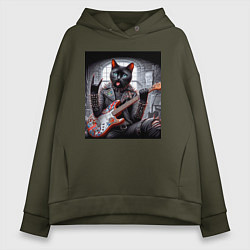 Толстовка оверсайз женская Чёрный котяра рок гитарист, цвет: хаки
