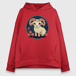 Толстовка оверсайз женская Барашек знак зодиака Овен на фоне цветов, цвет: красный