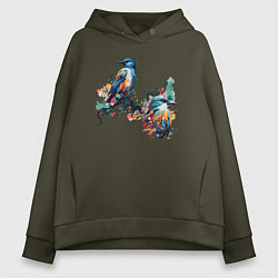 Толстовка оверсайз женская Птицы на ветке дерева, цвет: хаки