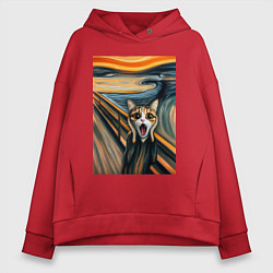 Толстовка оверсайз женская Кошка кричит - мем нейросеть, цвет: красный