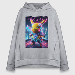 Толстовка оверсайз женская Cyber Pikachu - neon glow ai art fantasy, цвет: меланж