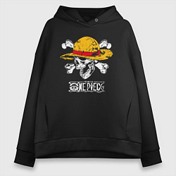 Толстовка оверсайз женская One piece череп в соломенной шляпе, цвет: черный