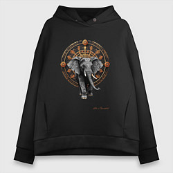 Толстовка оверсайз женская Слон с узорами на фоне колеса сансары, цвет: черный