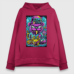 Толстовка оверсайз женская Сказочные монстры в ярких неоновых красках, цвет: маджента