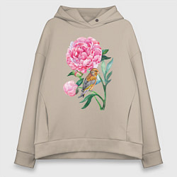 Толстовка оверсайз женская Ветка пионов, цвет: миндальный