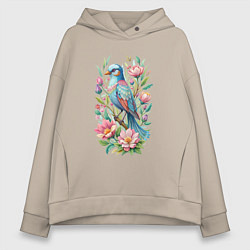 Толстовка оверсайз женская Красивая голубая птица среди цветов, цвет: миндальный