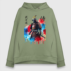 Толстовка оверсайз женская Японский самурай - акварель, цвет: авокадо