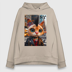 Толстовка оверсайз женская Глазастый котёнок панк из Нью-Йорка - нейросеть, цвет: миндальный