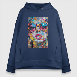 Толстовка оверсайз женская Лицо девушки из обрезков газет, цвет: тёмно-синий